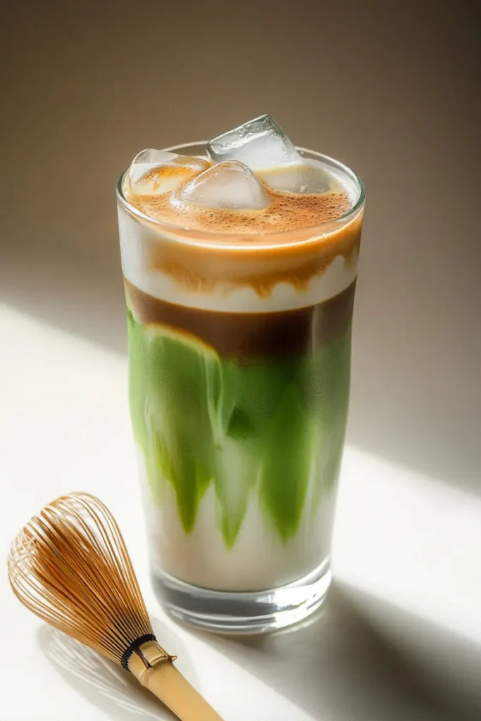 Iced matcha coffee with bold espresso and milk layers