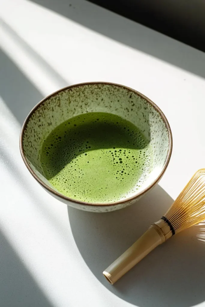 Whisked matcha green tea in speckled ceramic bowl
