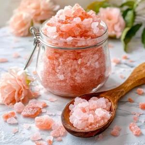 Himalayan pink salt recipes – close-up of a glass jar filled with coarse pink salt crystals on a wooden coaster