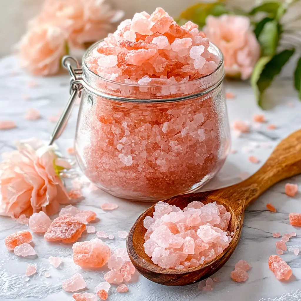 Pink Salt Diet Recipe for Weight Loss – close-up of a glass jar filled with coarse pink salt crystals on a wooden coaster