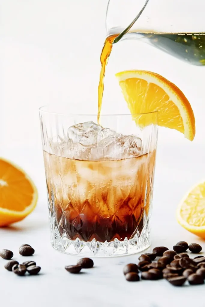 Cold brew mocktail being poured into glass with orange slice garnish