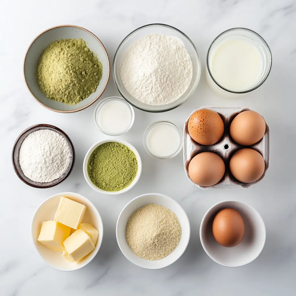 Matcha Pound Cake Recipe ingredients flat lay with flour, eggs, and matcha