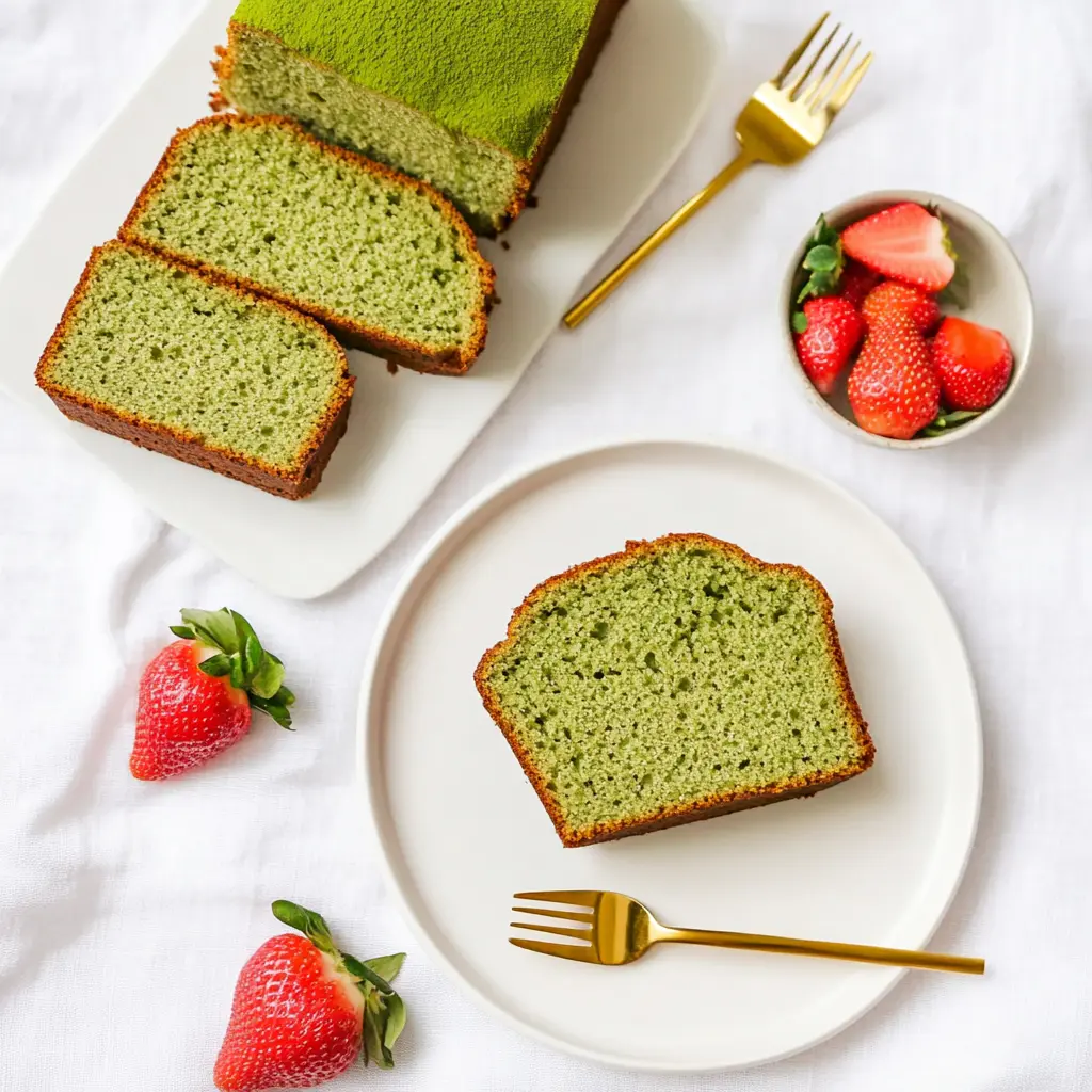 Matcha Pound Cake Recipe slices plated with strawberries and gold utensils