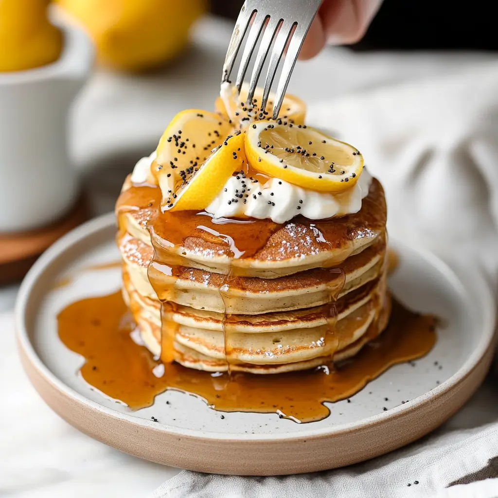 healthy lemon poppyseed pancakes with protein and honey