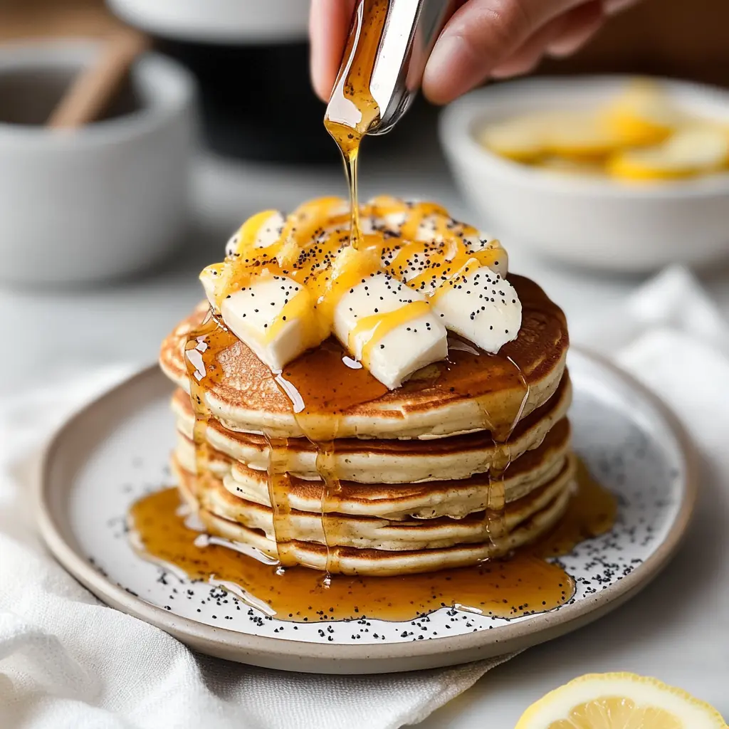 lemon poppyseed pancakes stacked with syrup drizzle