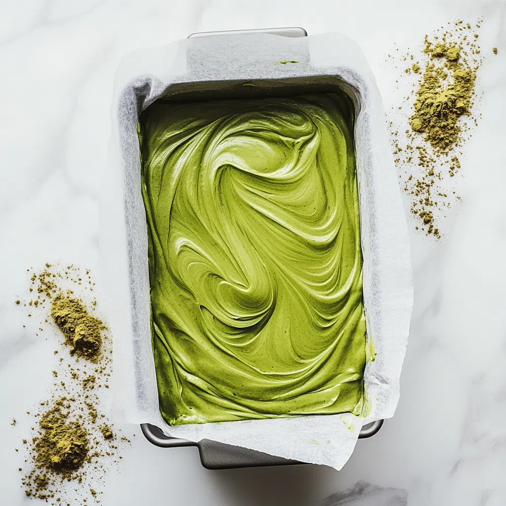 Matcha Pound Cake Recipe batter swirled in loaf pan with bright green texture