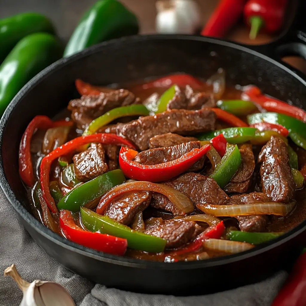Spicy Jamaican-style beef stir fry in cast iron skillet