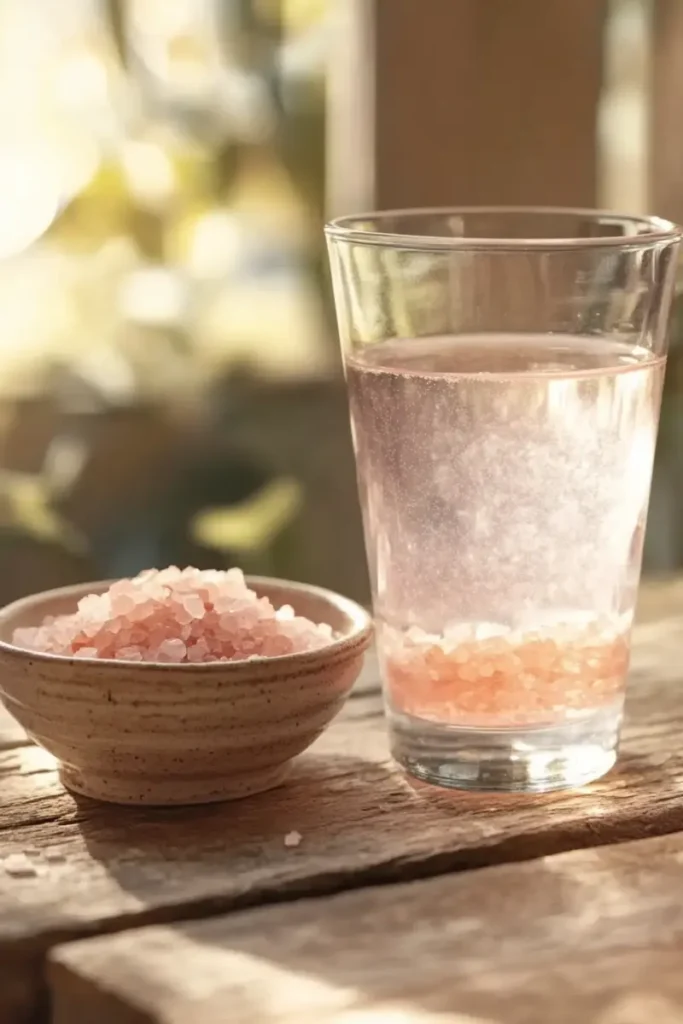 Glass of Himalayan pink salt water with lemon and honey