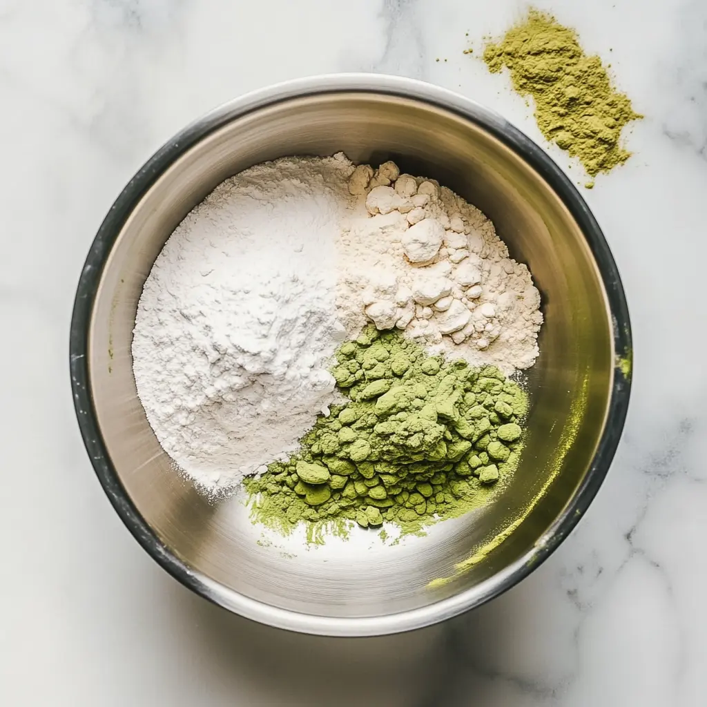 Matcha Pound Cake Recipe dry ingredients in bowl including matcha and flour