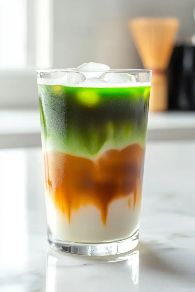 Colorful matcha coffee with milk, espresso, and green tea layers