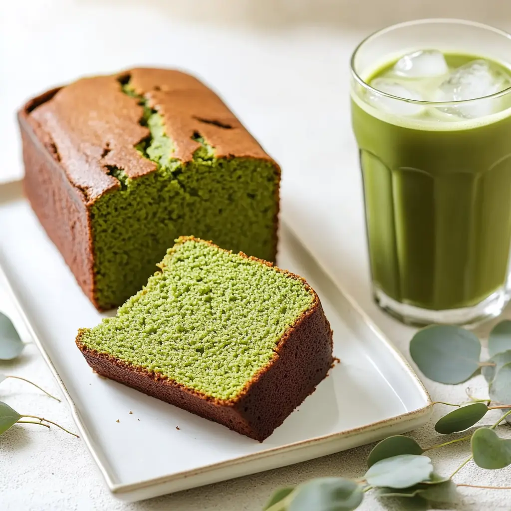 Matcha Pound Cake Recipe loaf slice served with iced matcha latte