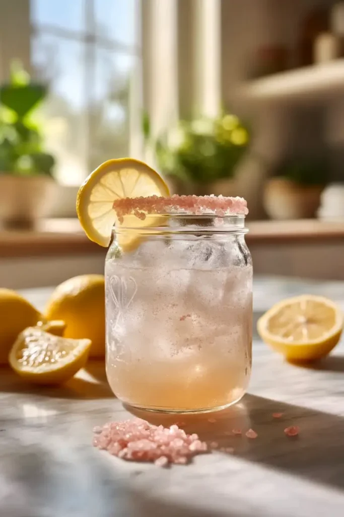 Homemade Mounjaro Recipe with Pink Salt in iced jar with lemon slice and pink salt rim