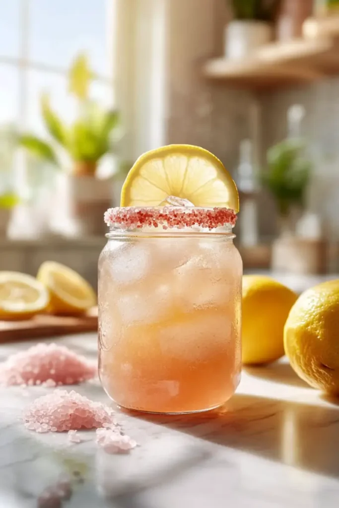 Homemade Mounjaro Recipe with Pink Salt served in jar with lemon wedge and pink salt crystals