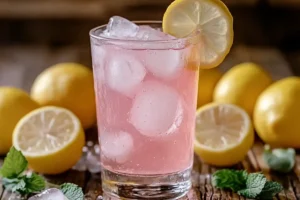 pink salt trick weight loss drink with lemon and ice cubes