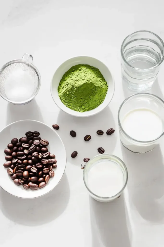 Ingredients for matcha coffee recipe displayed on white surface