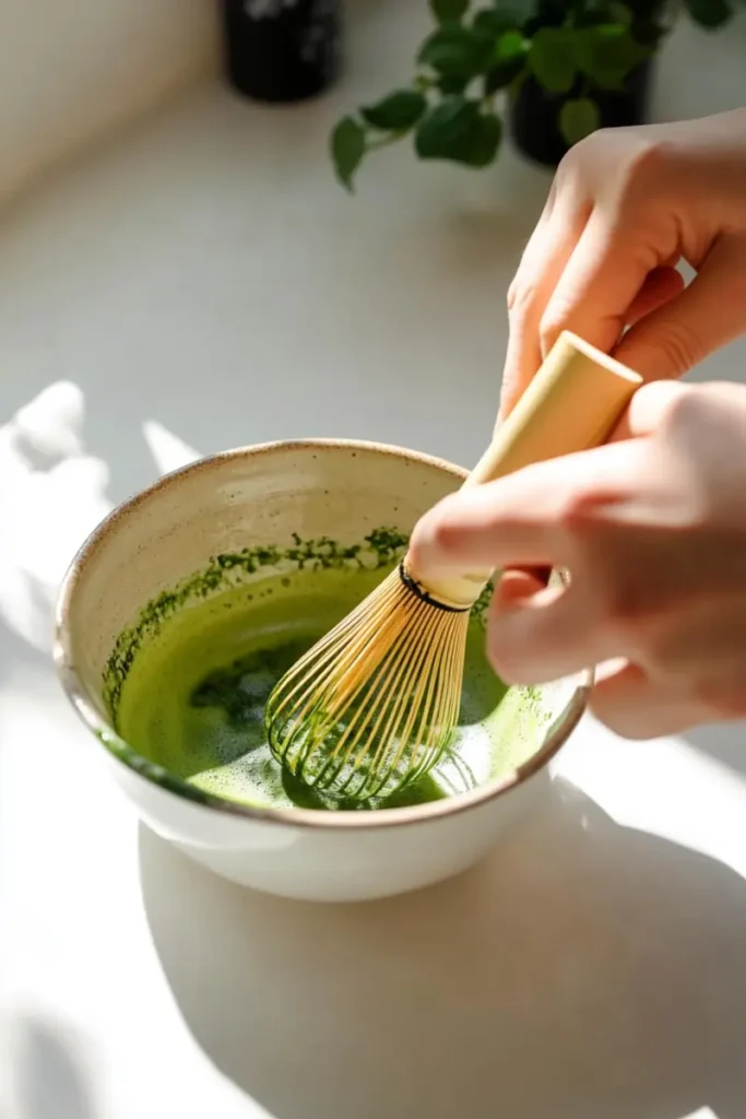 Whisking matcha tea by hand in natural light