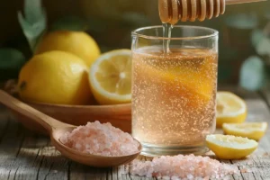 Ingredients for pink salt trick recipe with honey and citrus