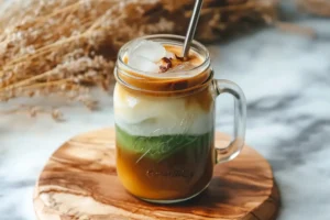 Mason jar filled with layered iced matcha coffee and metal straw