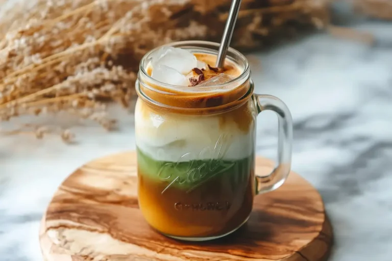 Mason jar filled with layered iced matcha coffee and metal straw