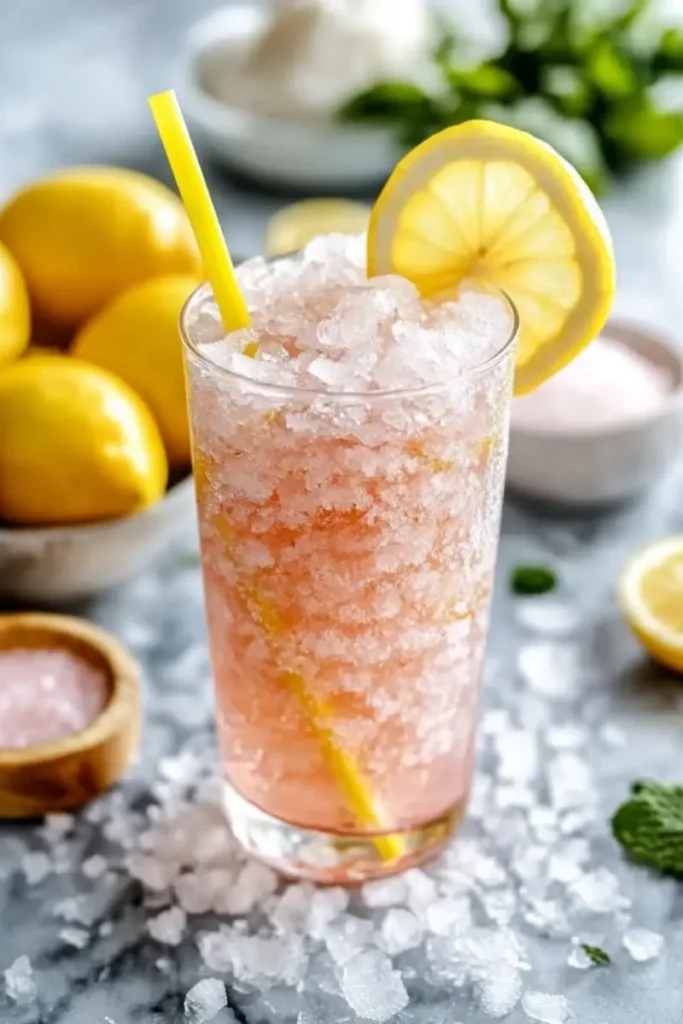 pink salt trick recipe for weight loss served over crushed ice with lemon