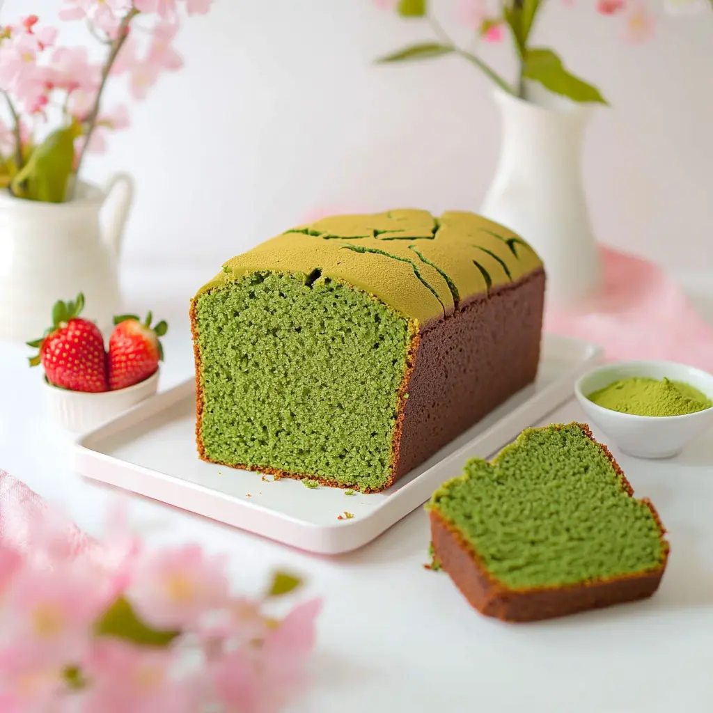 Matcha Pound Cake Recipe loaf surrounded by cherry blossoms and strawberries