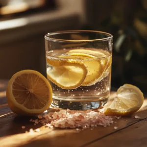 pink salt detox water with lemon slices in a glass on a rustic wooden table