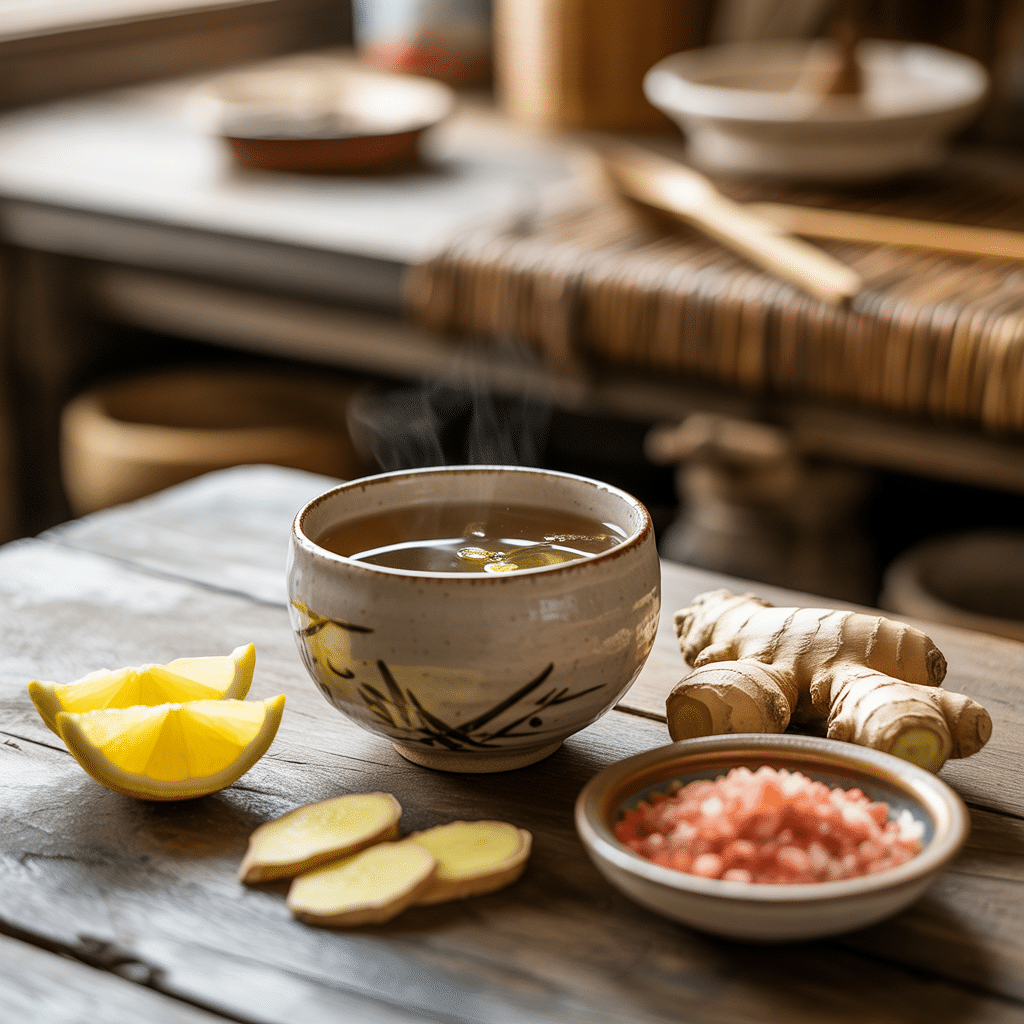 Japanese kitchen with tea setup and ingredients displayed