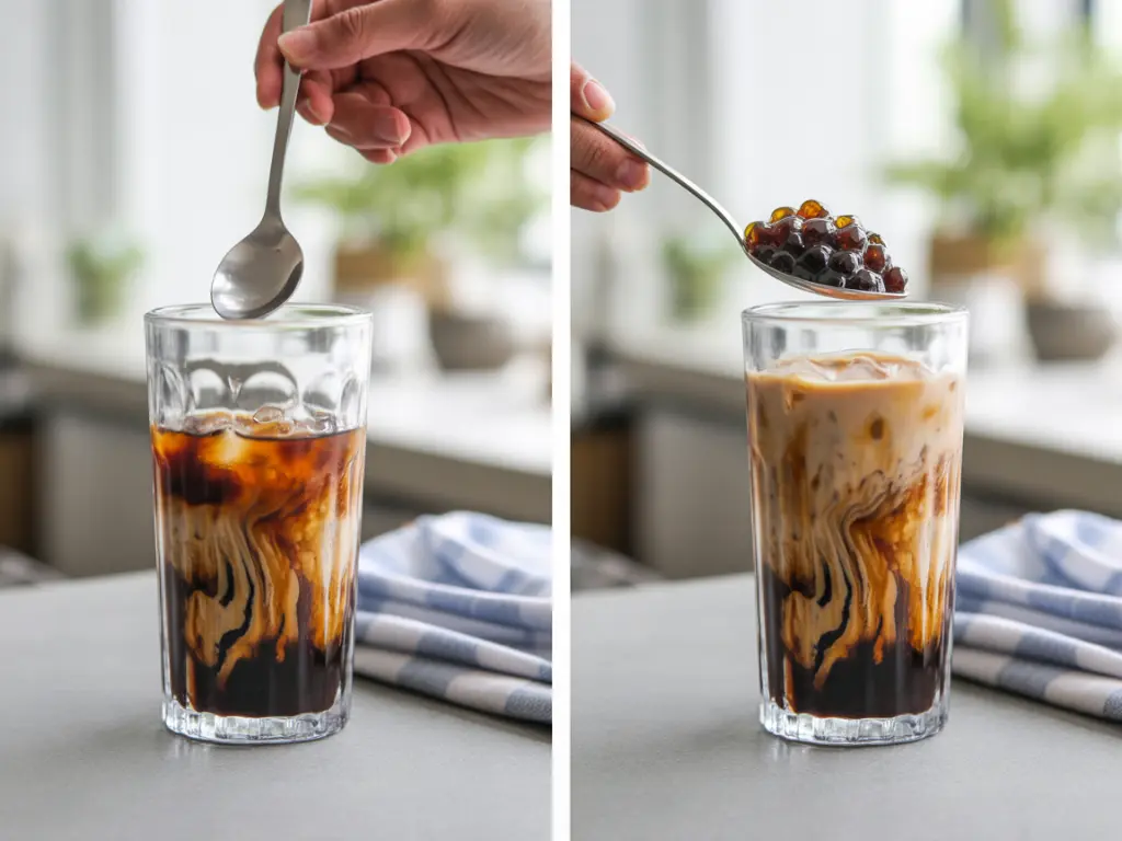 Pouring brown sugar boba and mixing iced bubble pearl milk tea