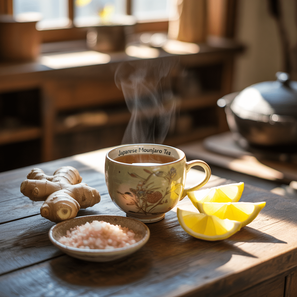 Japanese tea served in rustic kitchen setting