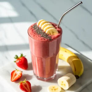 Banana strawberry smoothie in natural morning light