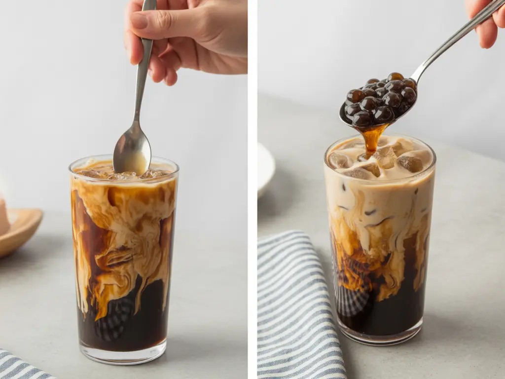 Step-by-step making of bubble pearl milk tea with syrup and boba