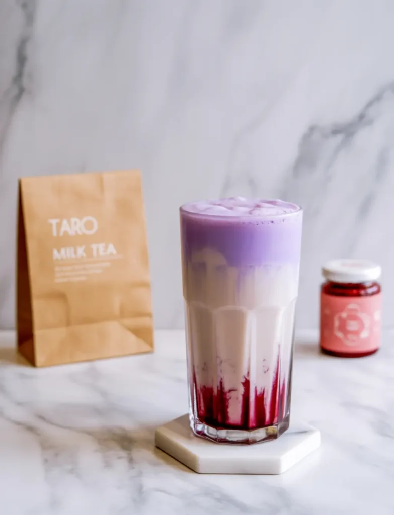 Taro milk tea in tall glass with boba and branded bag