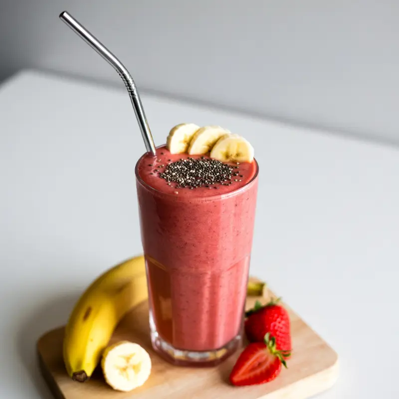 Banana strawberry shake served with fresh strawberries and bananas