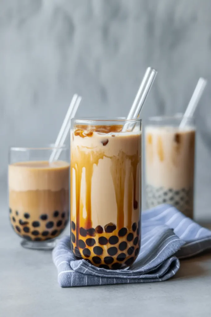 Close-up of brown sugar bubble tea with tapioca pearls and straw