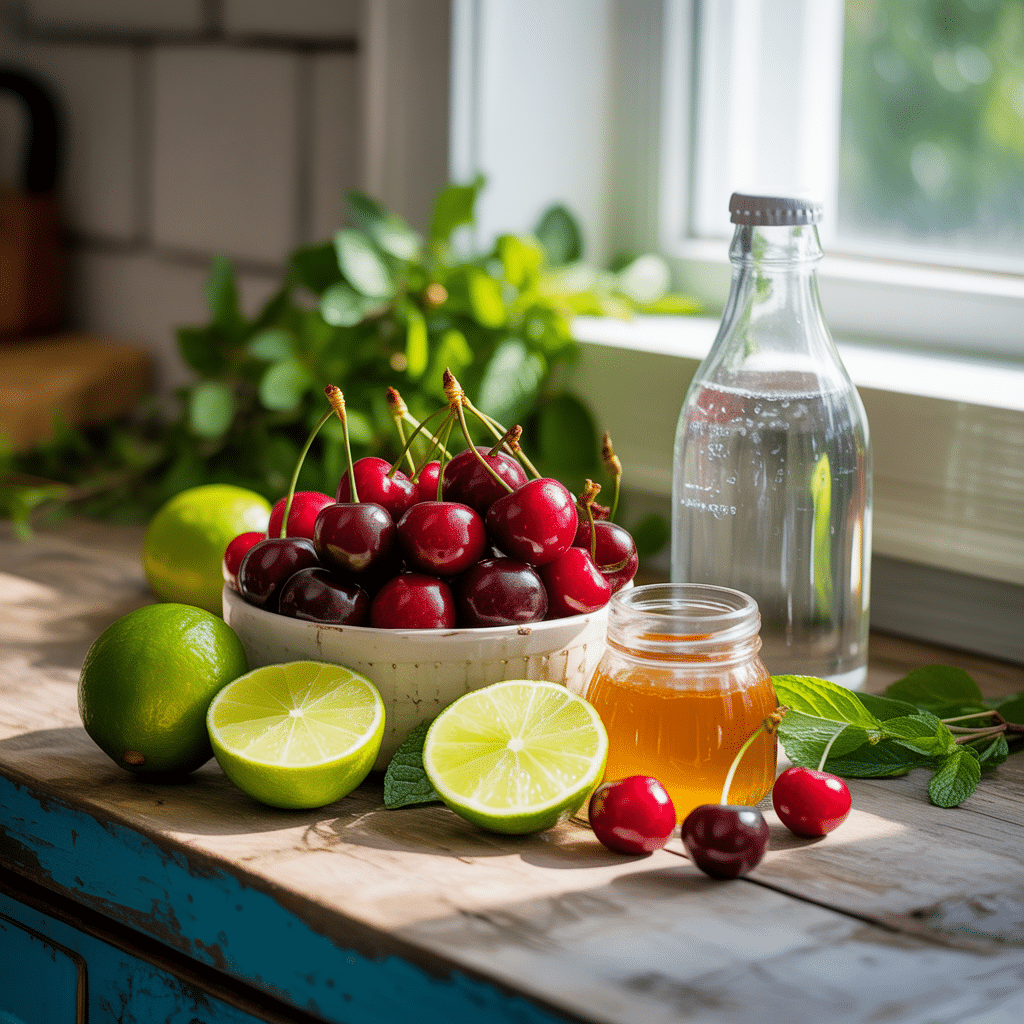 Pouring sparkling water into a vibrant cherry limeade glass