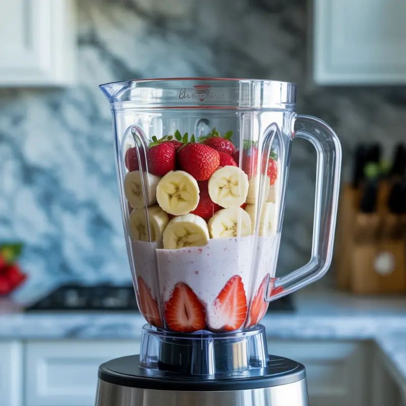 Banana strawberry shake preparation steps in a blender