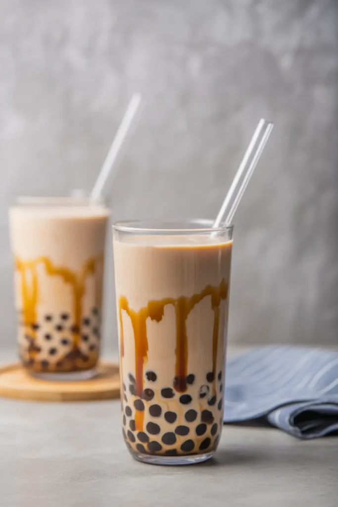 Brown sugar bubble pearl milk tea in a tall glass with wide straw