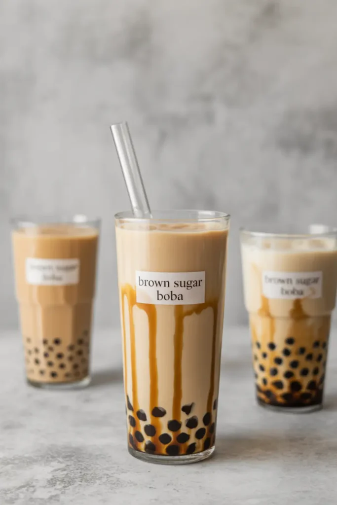 Homemade bubble pearl milk tea with brown sugar dripping glass