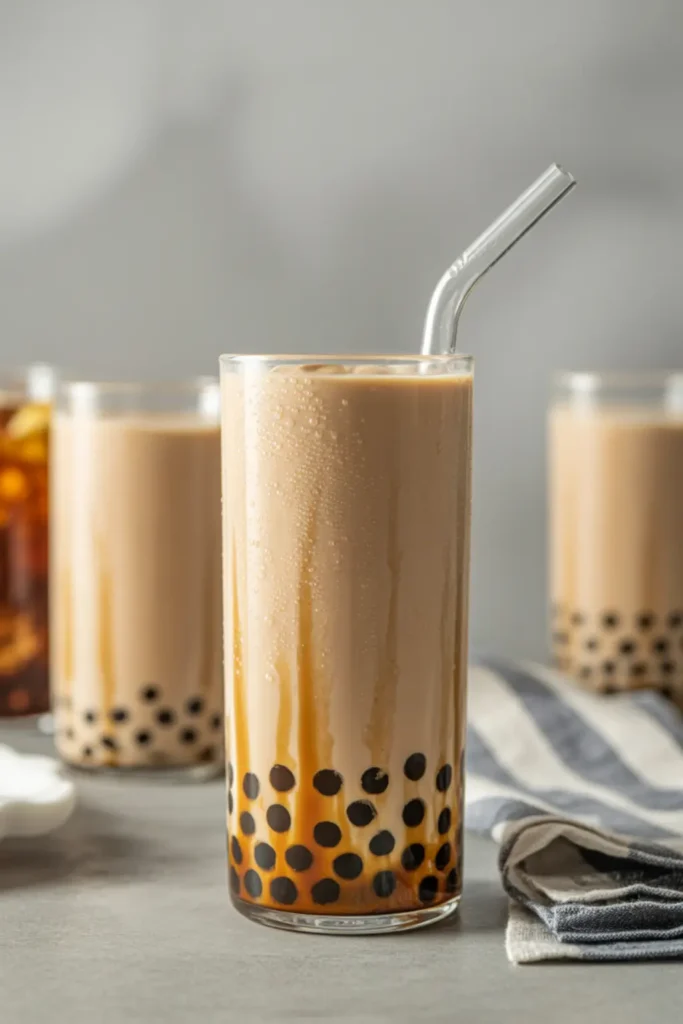 Fresh brown sugar boba tea with chewy pearls in a clear glass