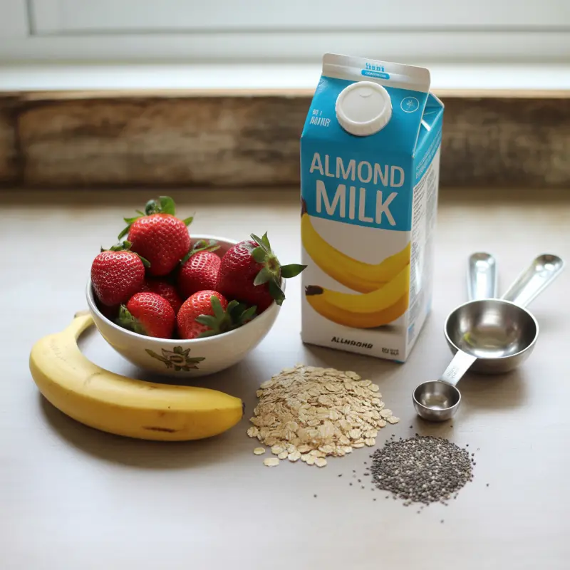 Ingredients for banana strawberry shake with chia seeds and almond milk