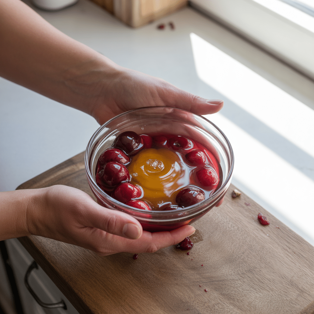 Muddling cherries and honey by hand in a glass bowl