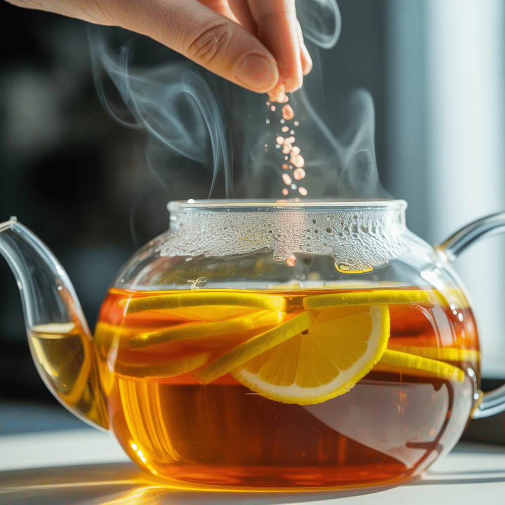 Close-up of Japanese Mounjaro tea with lemon and ginger