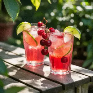 Two frosty cherry limeade glasses with cherries and limes