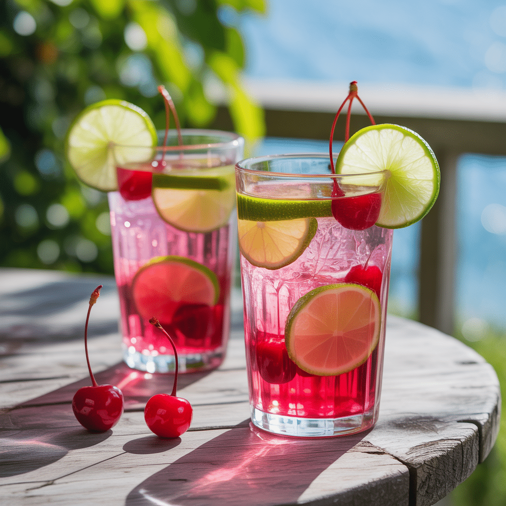 Two tall glasses of cherry limeade with ice and lime wedges
