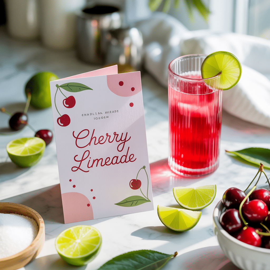 Overhead photo of a flat-lay cherry limeade recipe card