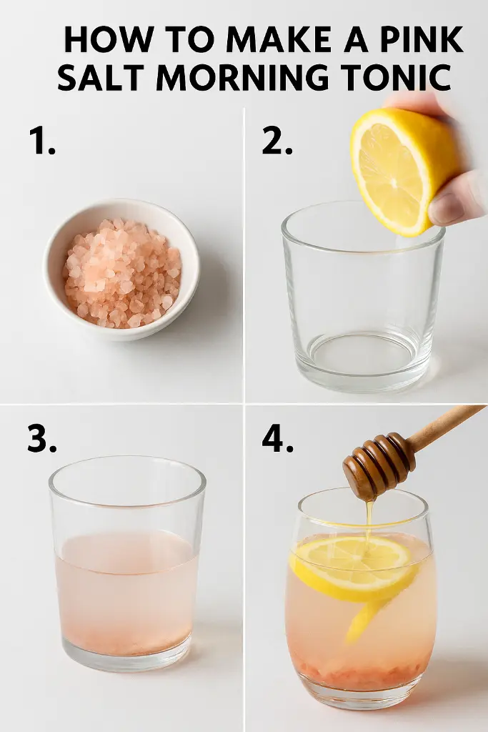 pink salt water detox drink with lemon slice and wooden straw