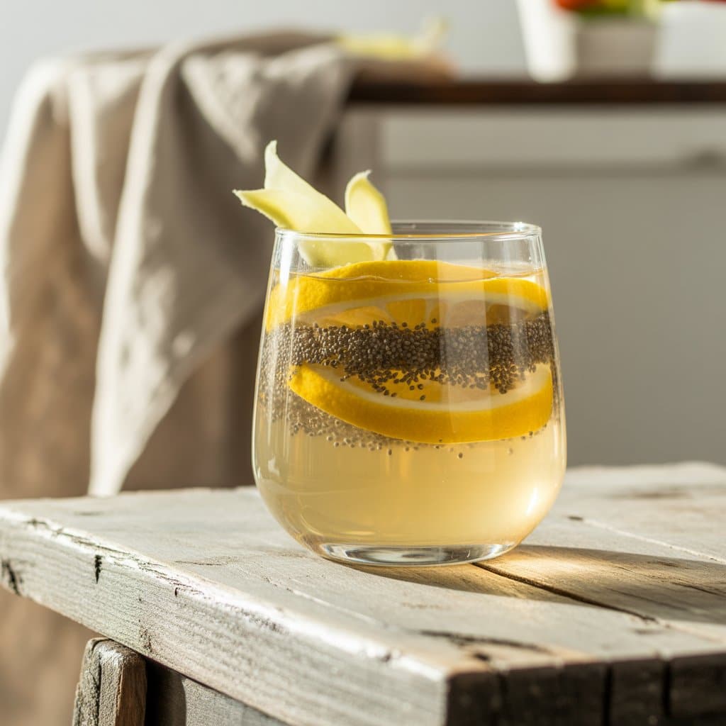 Zepbound recipe with chia and lemon slices served in a clear glass on wood