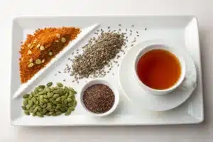 Bariatric seed tea in a glass mug with chia and flaxseeds