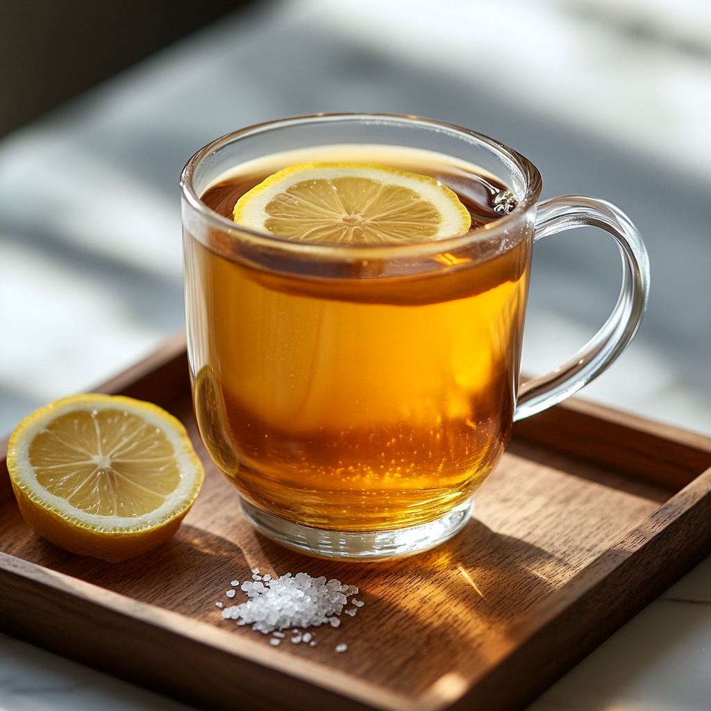 glass mug of detox tea with lemon slice and salt
