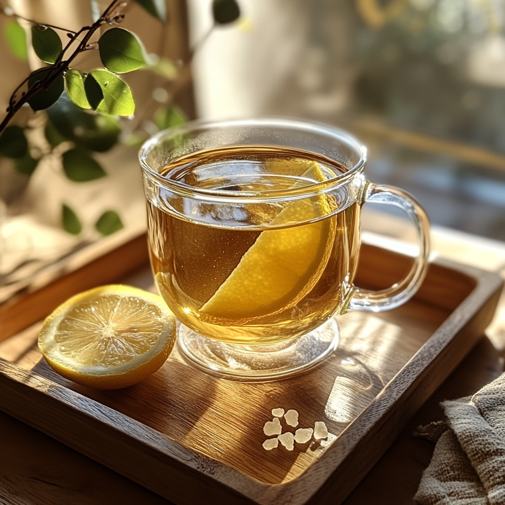 brazilian detox tea with lemon wedge and sunlight